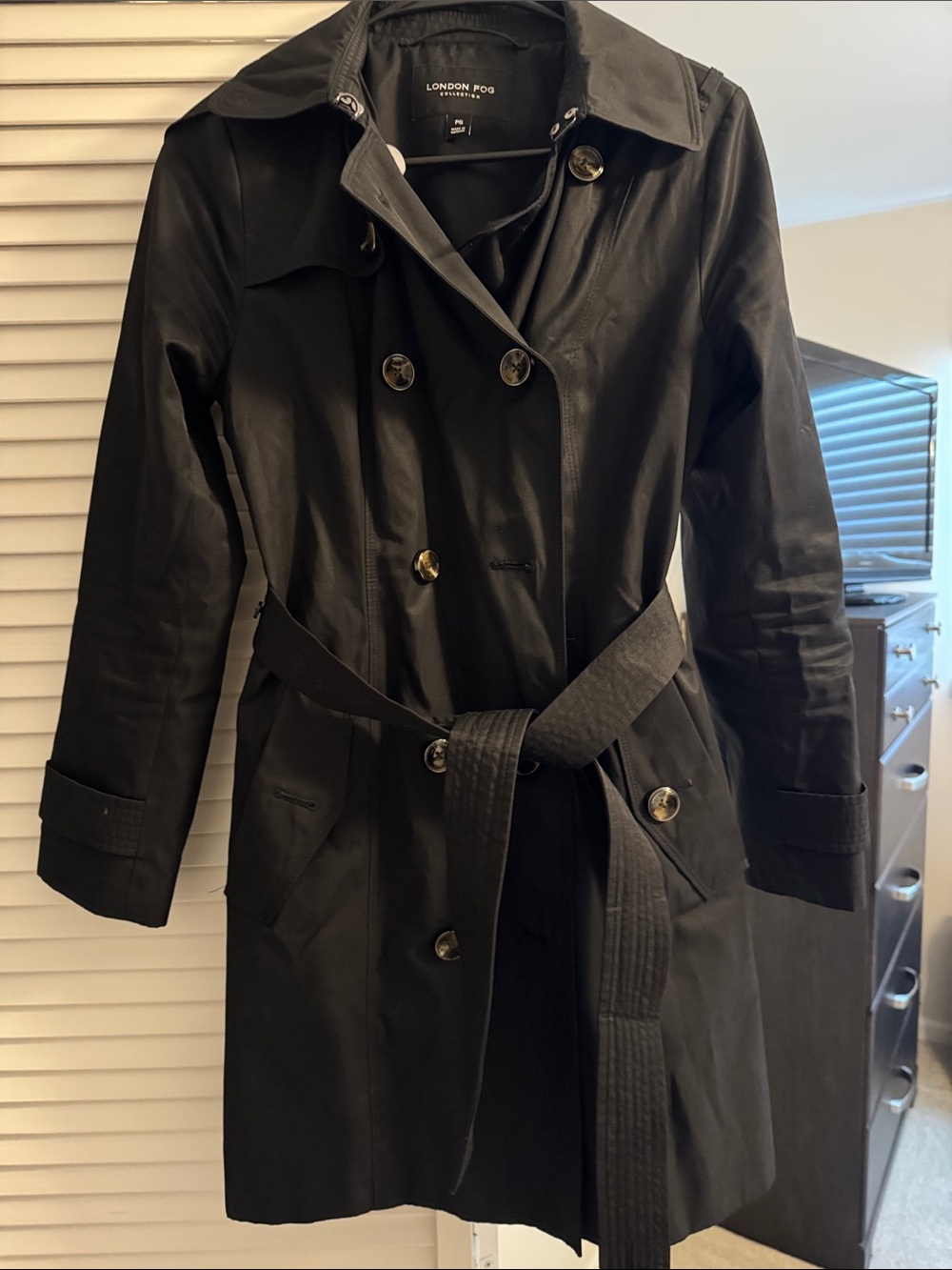 London Fog Black Trench with Belt and removable hood